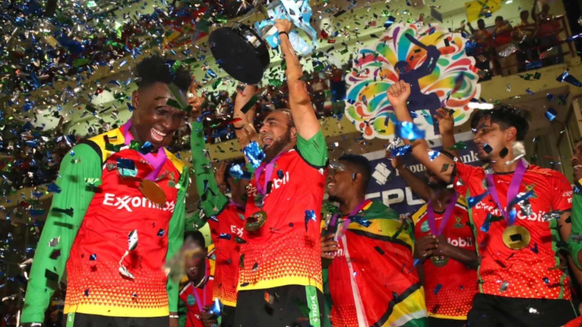 Imran Tahir celebrates with his teammates after Guyana Amazon Warriors won the CPL title (Pic: Getty)