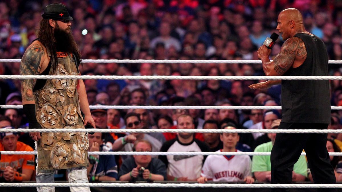 Dwayne Johnson, aka The Rock, face to face with Bray Wyatt at WrestleMania 32