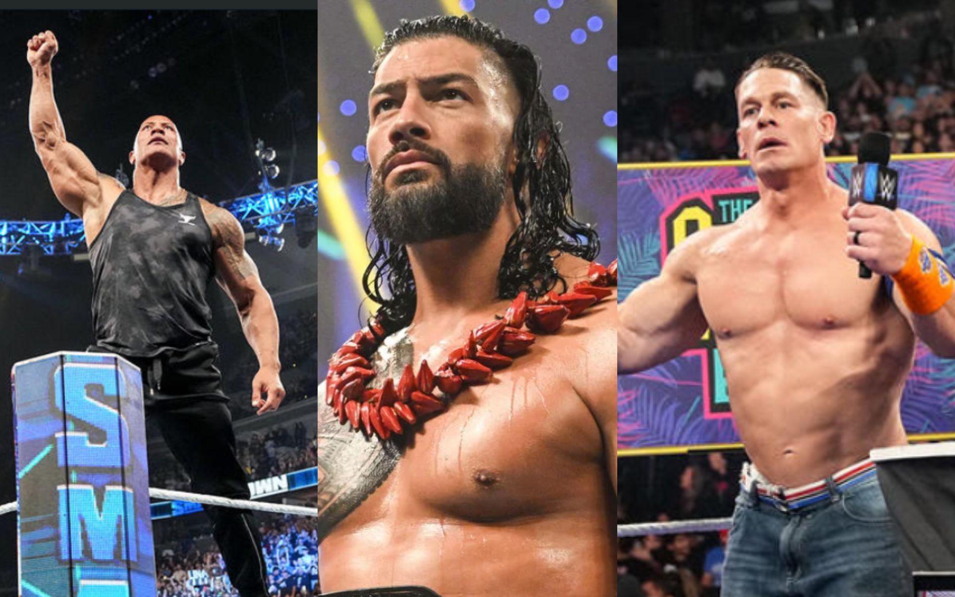 (Left) The Rock (Middle) Roman Reigns (Right) John Cena