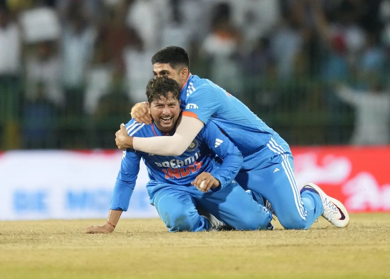 Kuldeep Yadav celebrating a wicket against Pakistan. (AP)