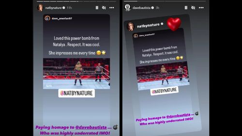 Natalya name-dropping Batista (left) and the latter's response (right)