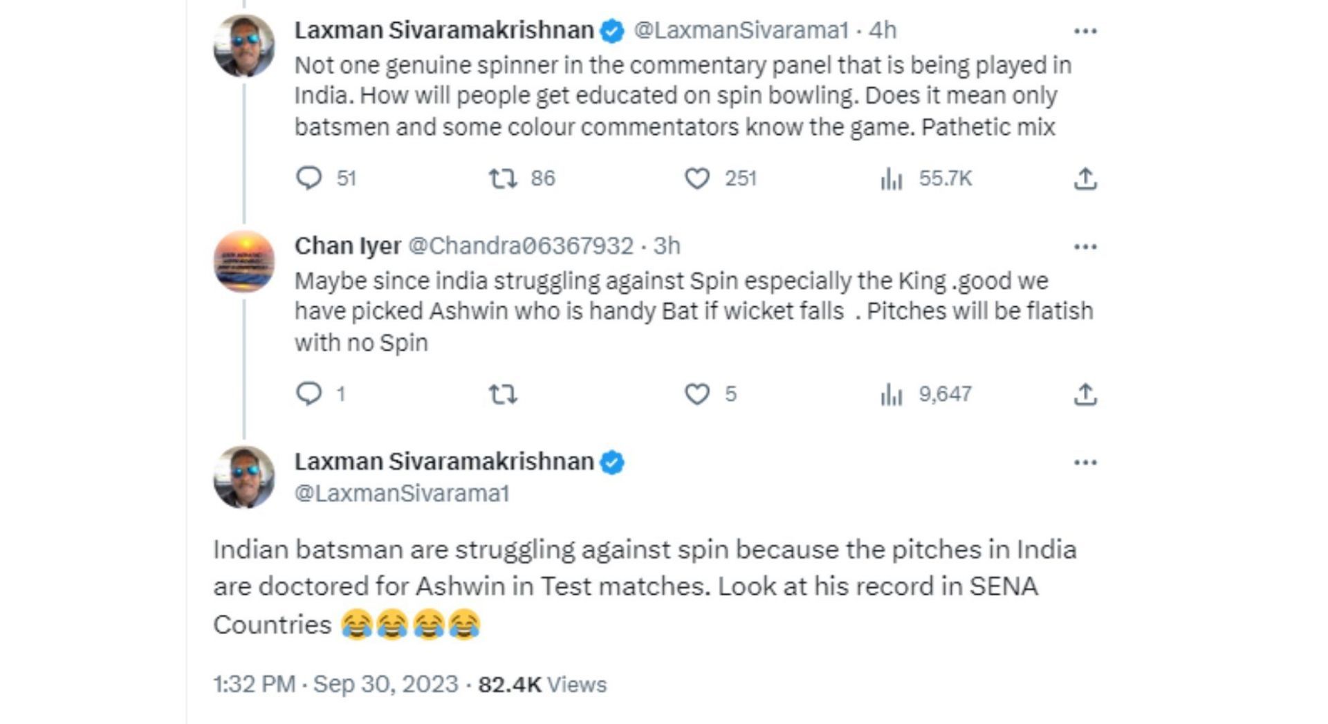 A screenshot of the conversation between Laxman Sivaramakrishnan and the fan on X.
