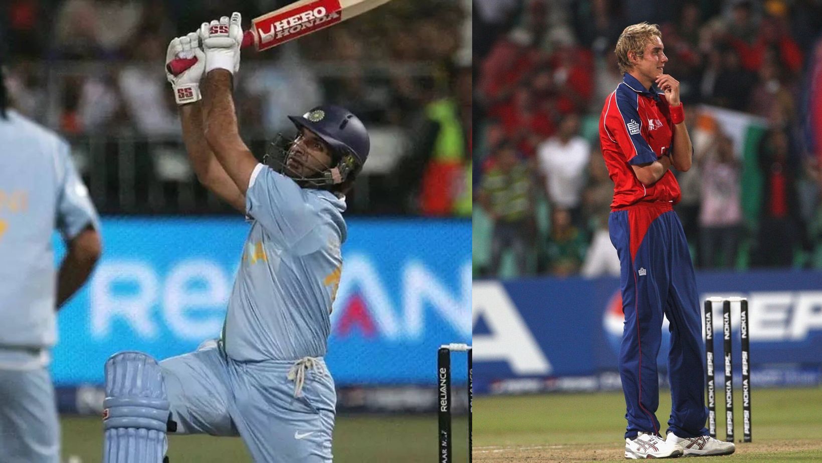 Yuvraj Singh (L) and Stuart Broad (R).