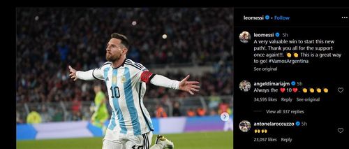 Screenshot of Di Maria and Antonela Rocuzzo's messaages on Lionel Messi's post