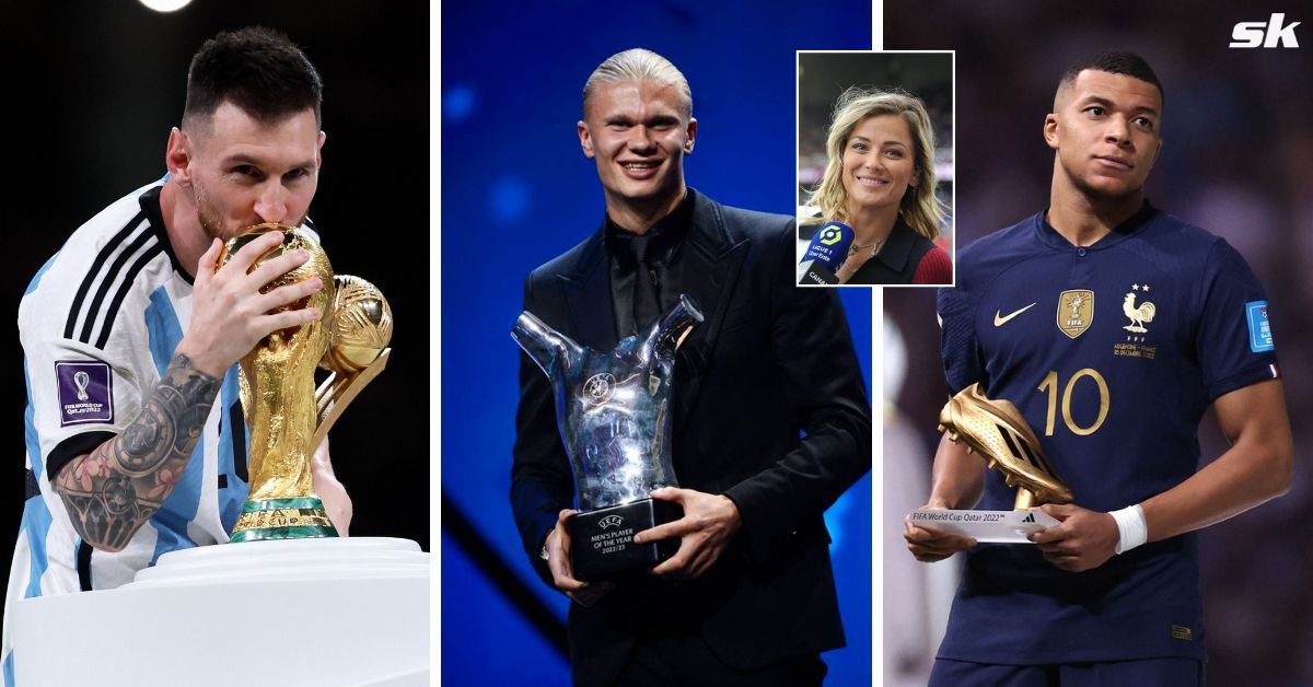 Lionel Messi, Erling Haaland and Kylian Mbappe (from left to right); Laure Boulleau (inset)