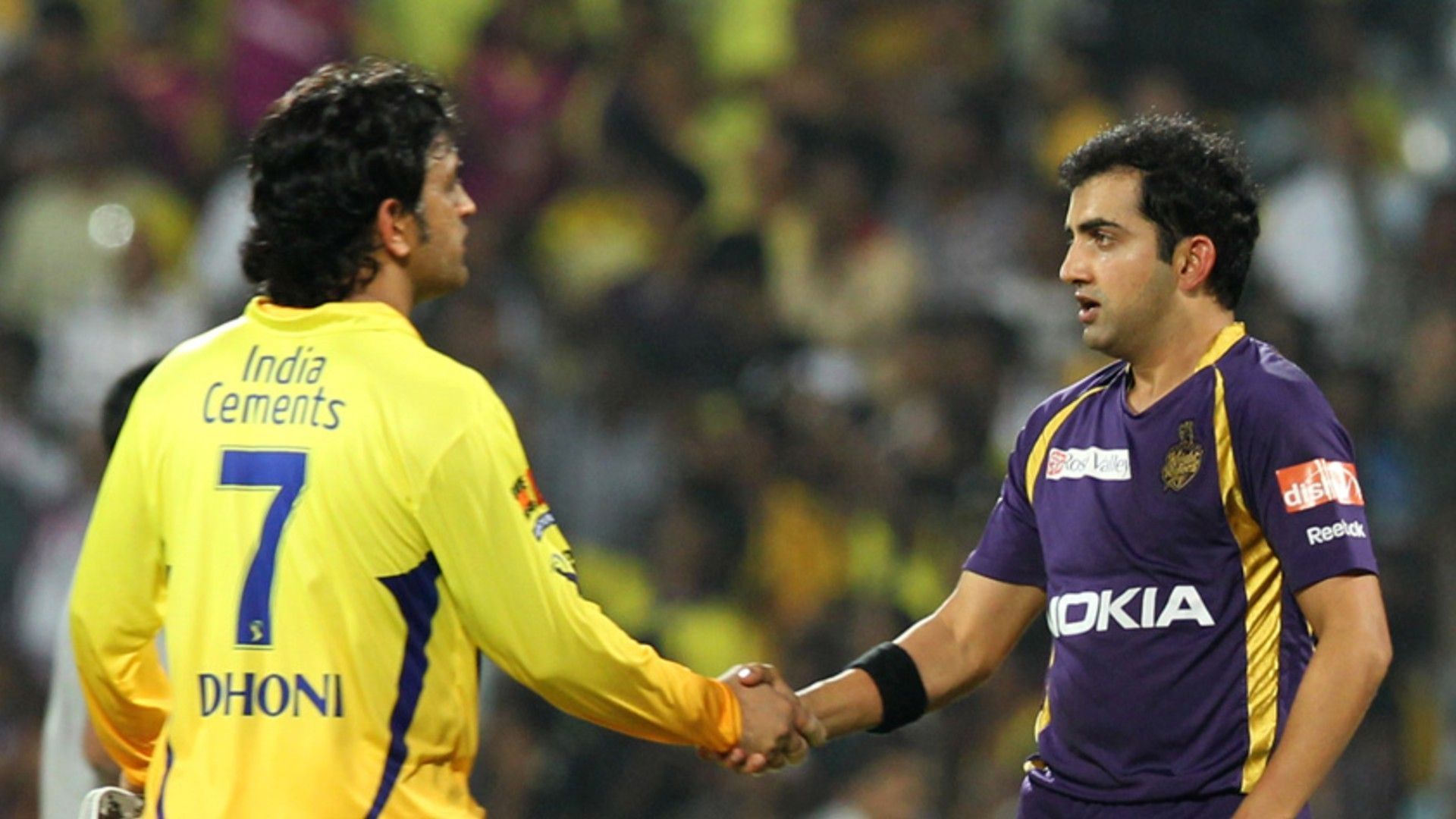 Both Gambhir and Dhoni share mutual respect for each other. Pic: Twitter/@KKRiders