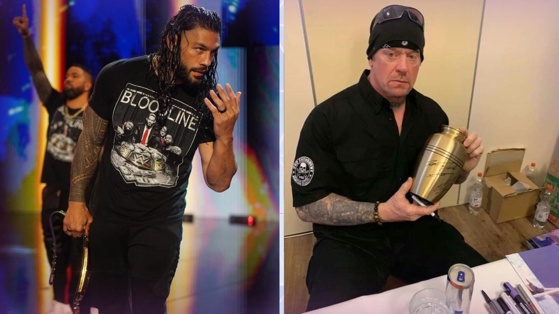 Roman Reigns on the left and The Undertaker on the right