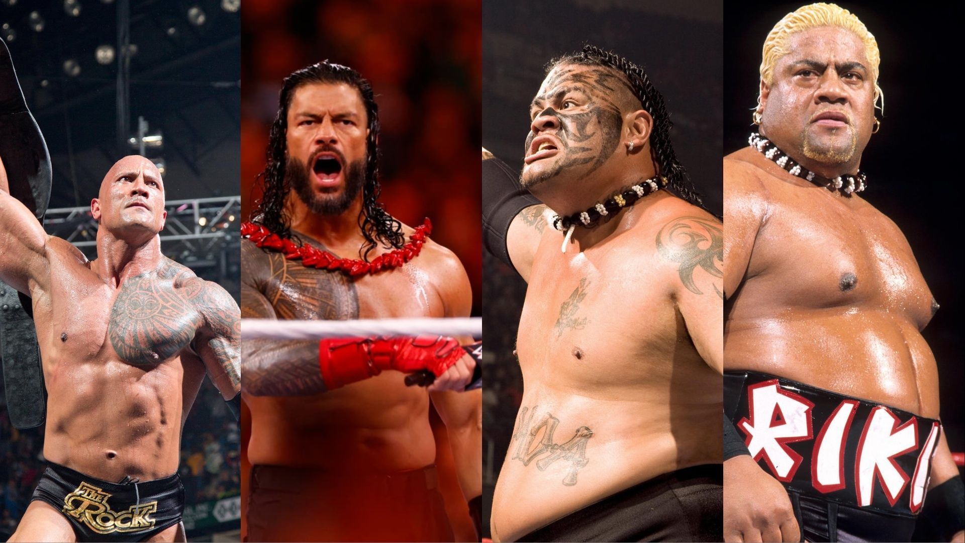 From left to right: The Rock, Roman Reigns, Umaga, Rikishi