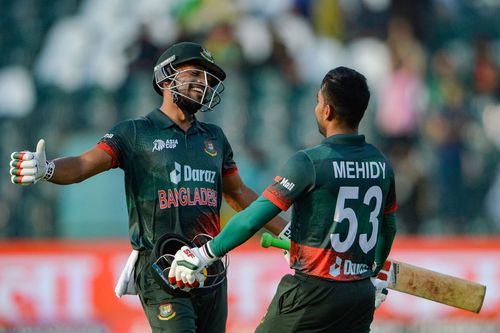 Mehidy Hasan Miraz celebrates his hundred. (Credits: Twitter)