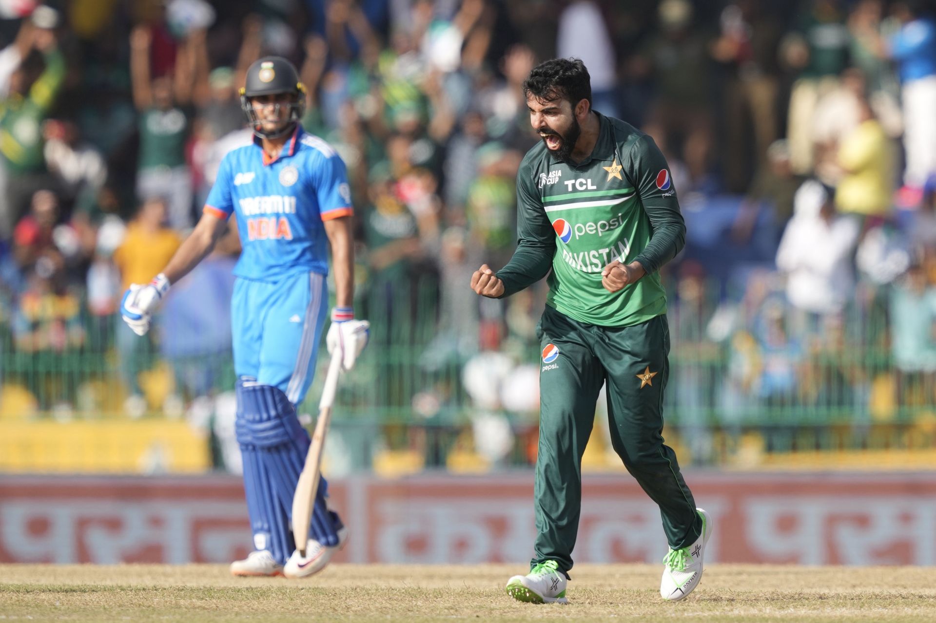 Shadab Khan broke the opening stand, having Rohit Sharma caught by Faheem Ashraf as the Indian captain attempted another big hit. Rohit&rsquo;s knock featured six fours and four sixes. (Pic: AP Photo/Eranga Jayawardena)