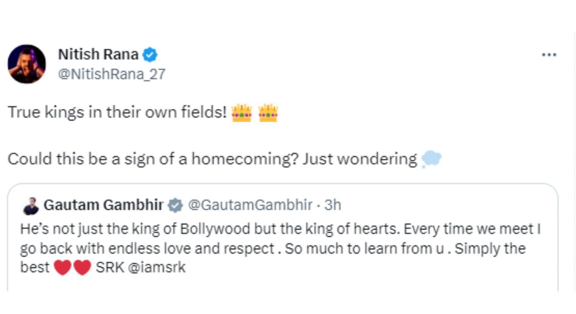 Nitish Rana reacted to Gautam Gambhir&#039;s post on X.
