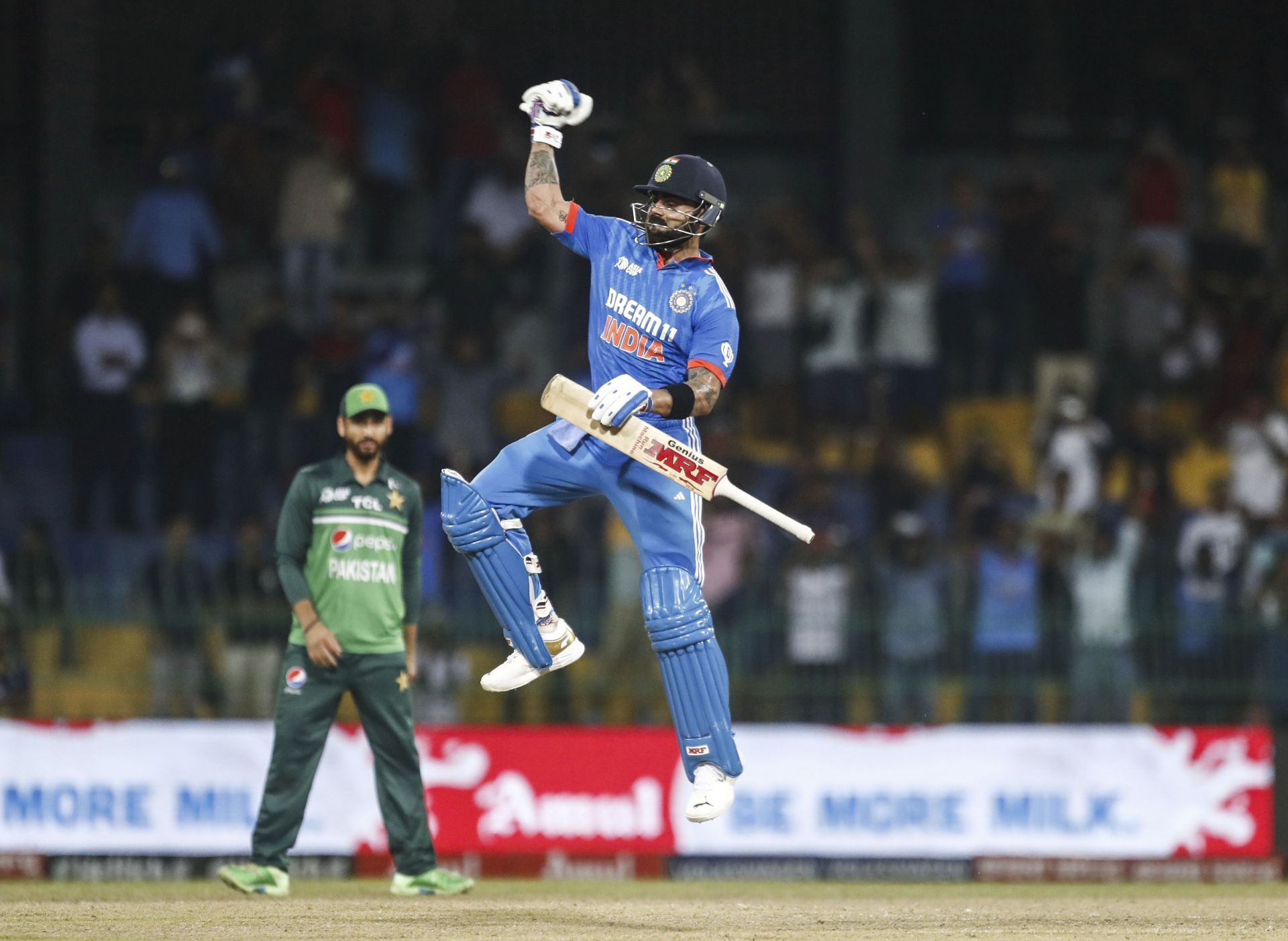 Virat Kohli brought up his 47th ODI ton playing in his 278 matches in the ODI format. He is now only two shy of equaling Sachin Tendulkar&rsquo;s record of 49 ODI hundreds. (Pic: AP Photo)