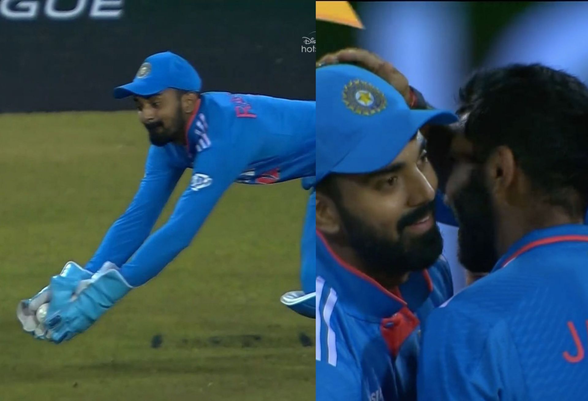 Jasprit Bumrah celebrates the wicket with KL Rahul. 