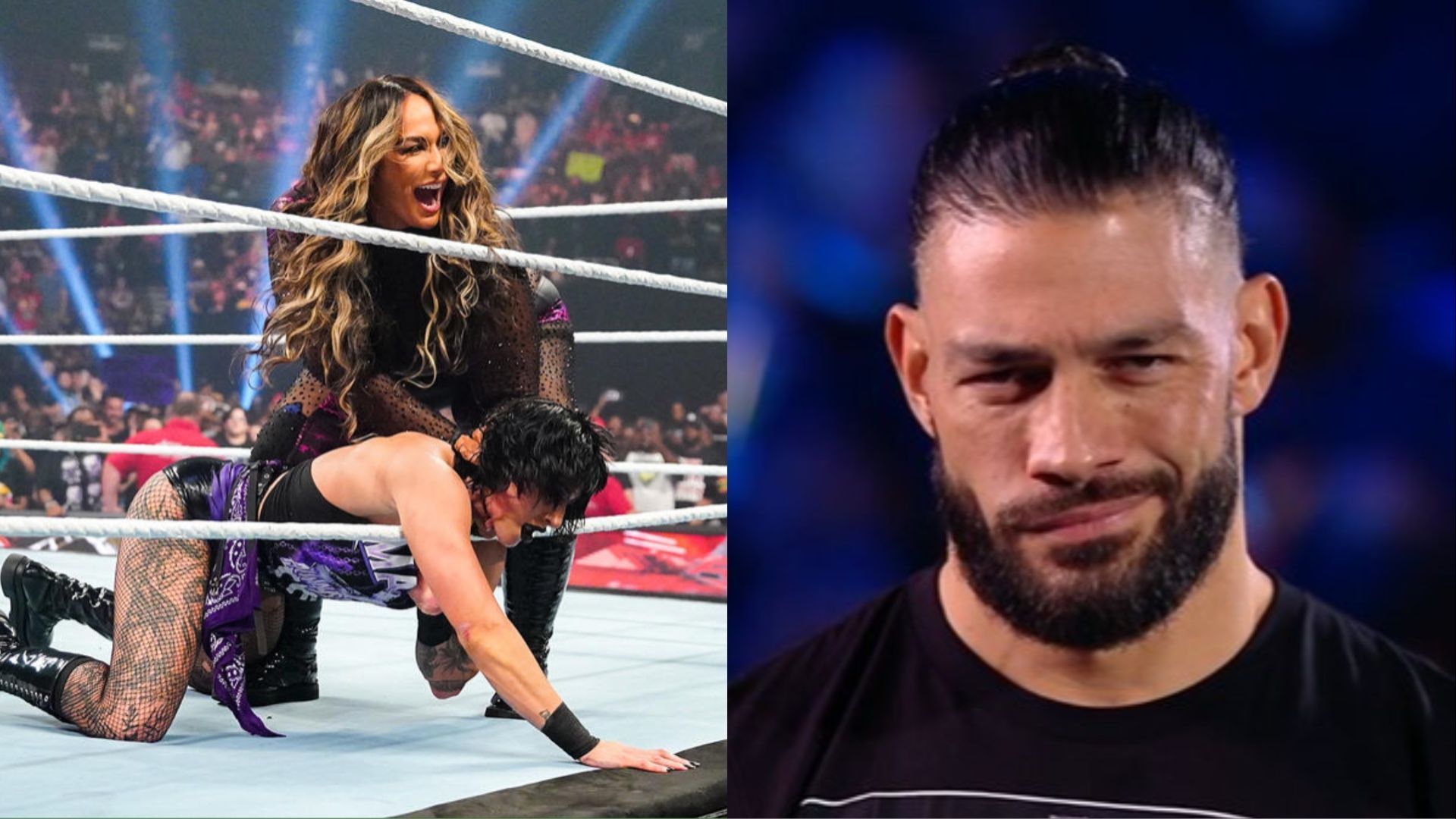 Nia Jax and Rhea Ripley (left); Roman Reigns (right)