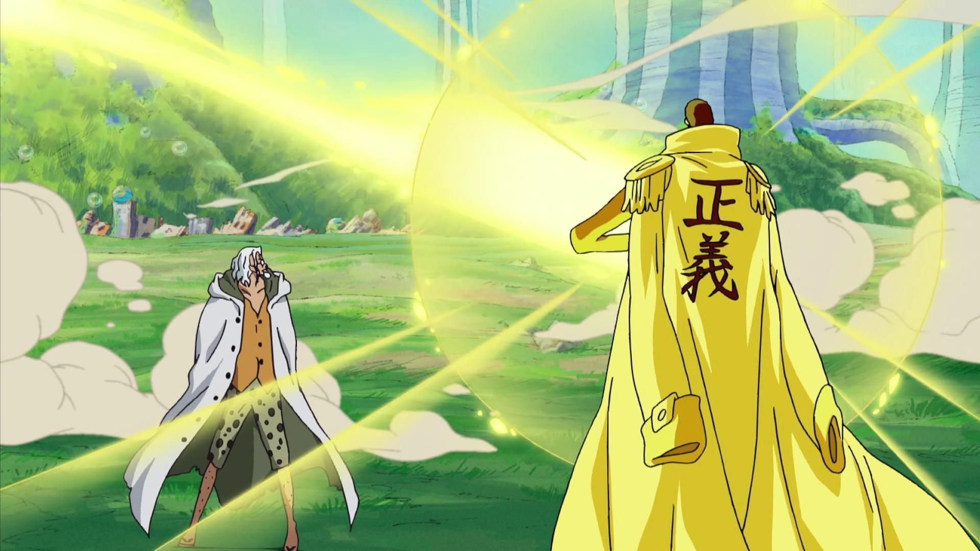 Kizaru using the Glint-Glint Fruit against Silvers Rayleigh (Image via Toei Animation, One Piece)