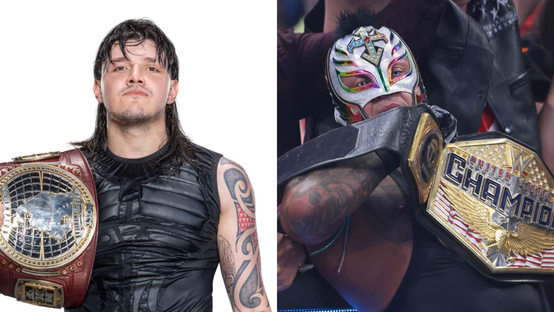 Dominik Mysterio (left) and Rey Mysterio (right)