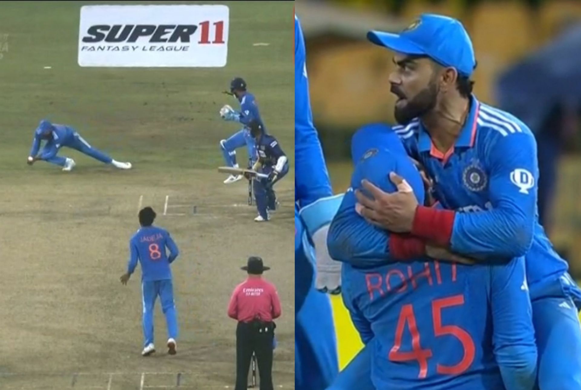 Virat Kohli hugging Rohit Sharma after his catch on Tuesday to dismiss Shanaka. 