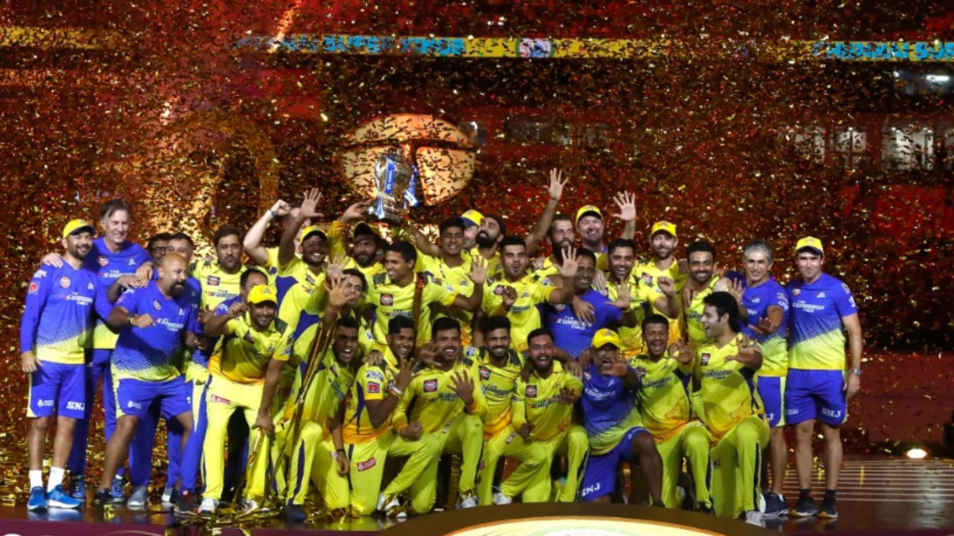 CSK players and support staff celebrate their 2023 IPL win. (Pic: Getty)