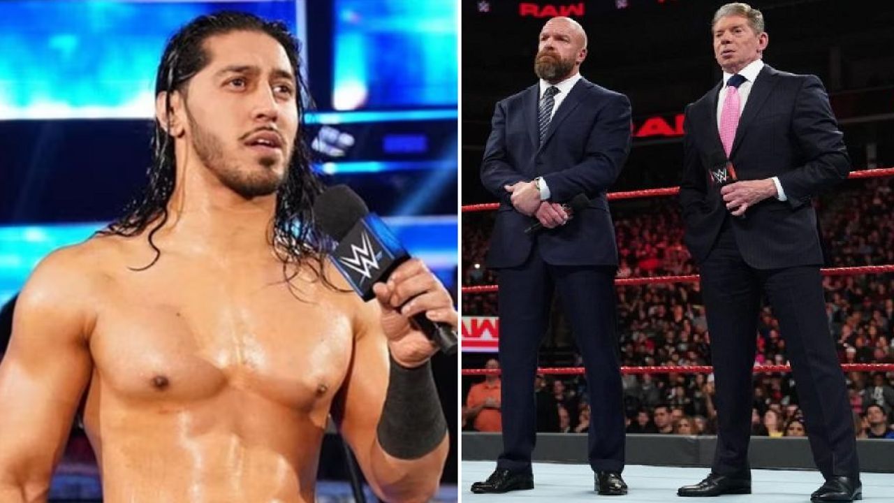 Mustafa Ali (left); Triple H and Vince McMahon (right)