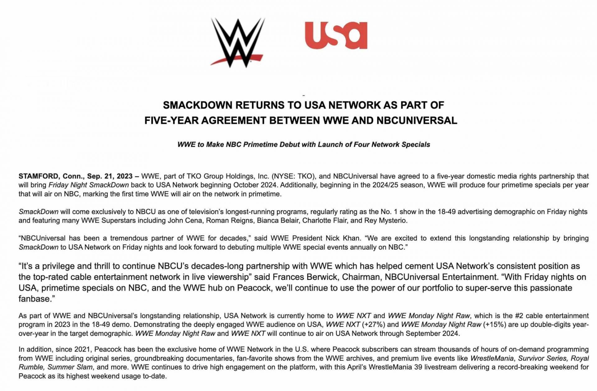 WWE SmackDown will move to USA Network from Fox