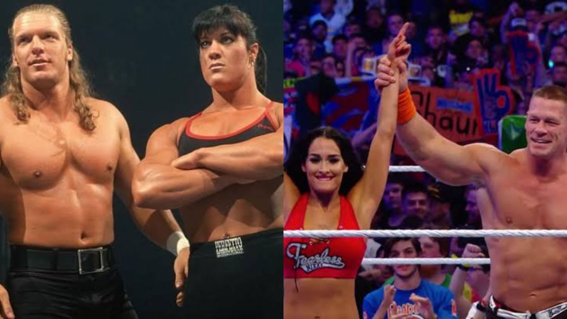 Triple H and Chyna (L); Nikki Bella and John Cena (R).