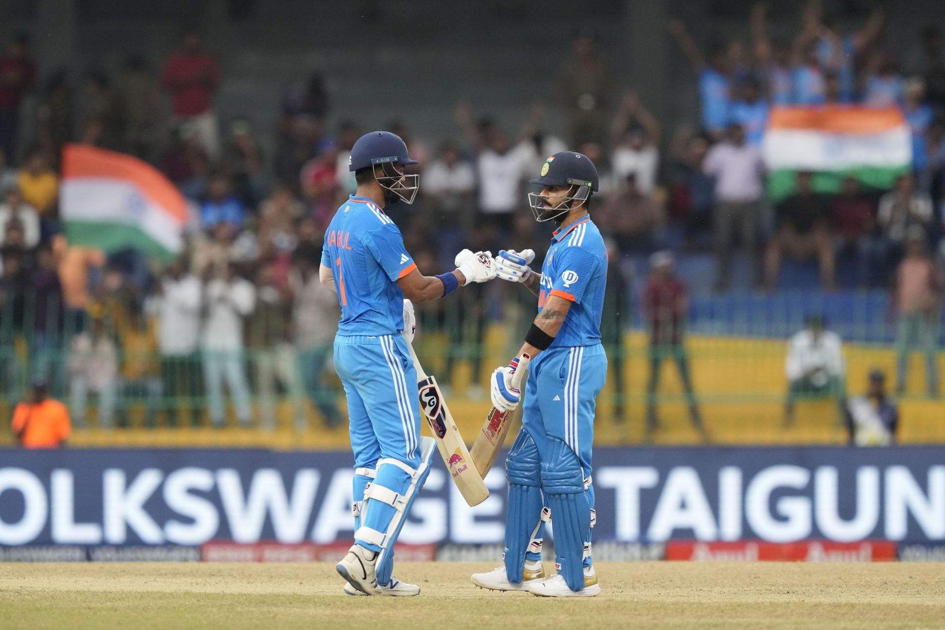 KL Rahul (left) and Virat Kohli featured in an unbroken 233-run stand for the third wicket, a record for the highest partnership for India against Pakistan in ODIs. The previous best was 231 by Navjot Singh Sidhu and Sachin Tendulkar in Sharjah in 1996. (Pic: AP Photo/Eranga Jayawardena)