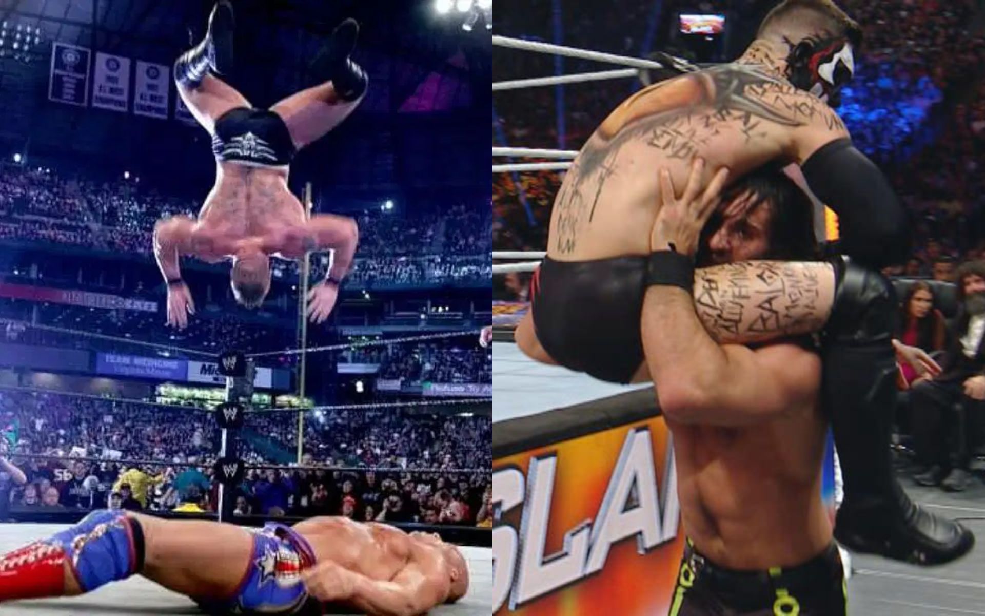 Brock Lesnar performing the shooting star press (L); Seth Rollins hitting Finn Balor with a Buckle Bumb (R).