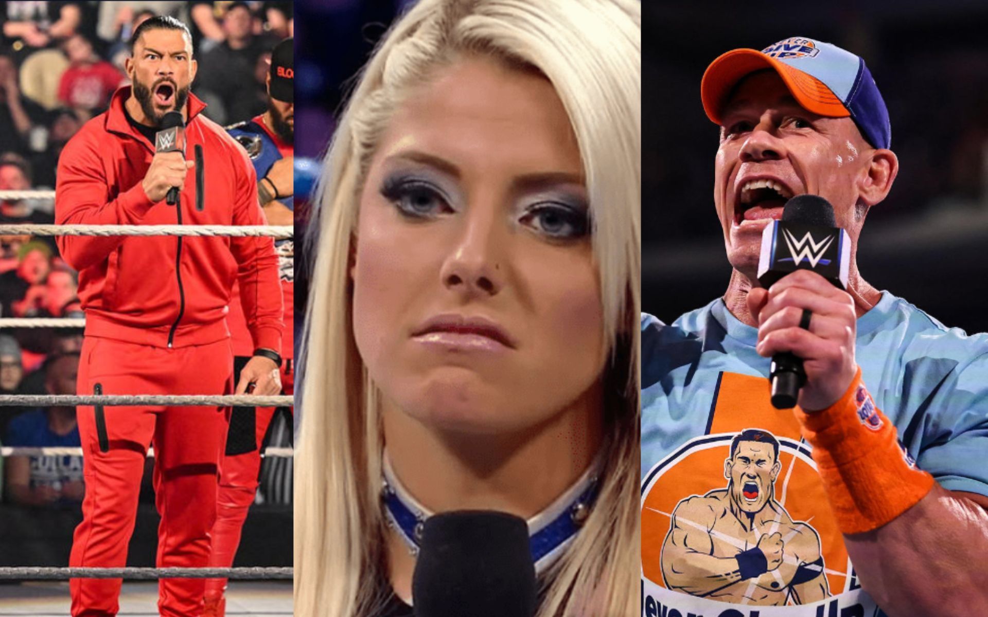 (Left) Roman Reigns (Middle) Alexa Bliss (Right) John Cena