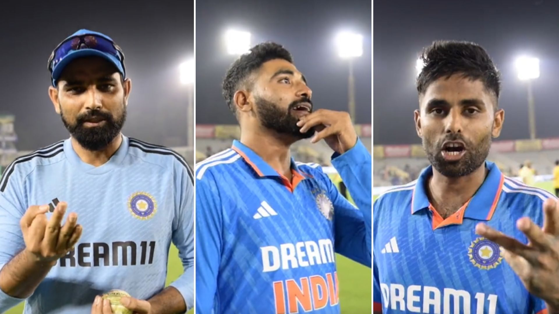 (L-R): Mohammed Shami, Mohammed Siraj &amp; Suyakumar Yadav (P.C.:BCCI)