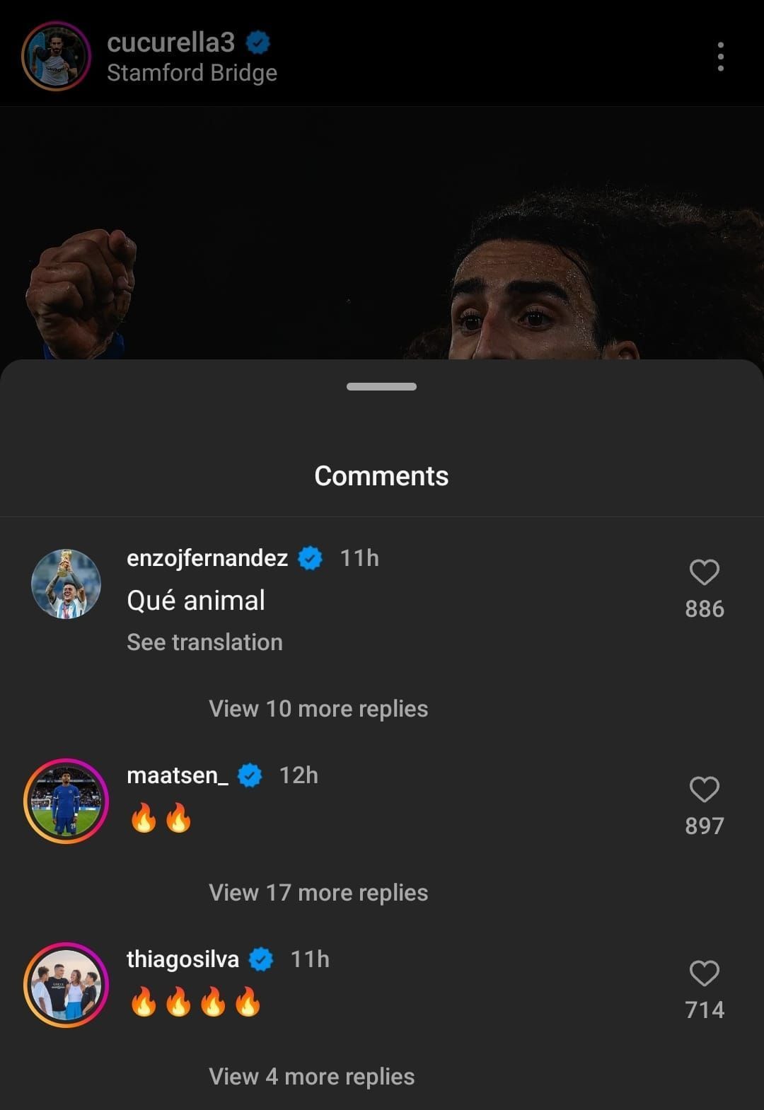 A screenshot of Enzo Fernandez&#039;s comment on Marc Cucurella&#039;s Instagram post.