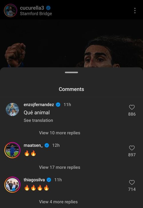 A screenshot of Enzo Fernandez's comment on Marc Cucurella's Instagram post.