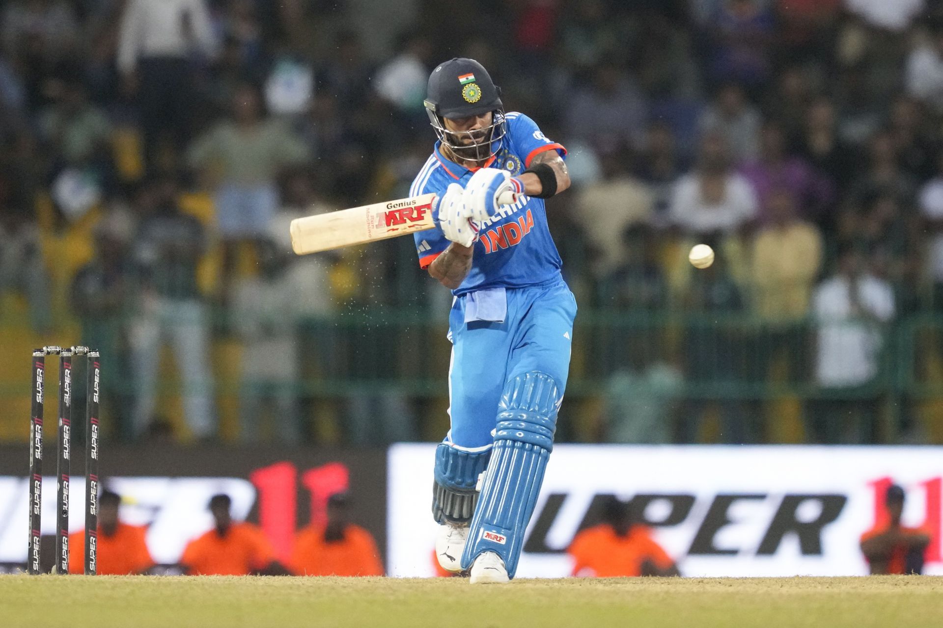 During his wonderful knock, Virat Kohli also became the fastest batter to reach the 13000-run landmark in one-day cricket. The 34-year-old needed 267 innings to reach the mark. With this, he broke Sachin Tendulkar&rsquo;s record, who got to 13000 runs in 321 ODI innings. (Pic: AP Photo/Eranga Jayawardena)