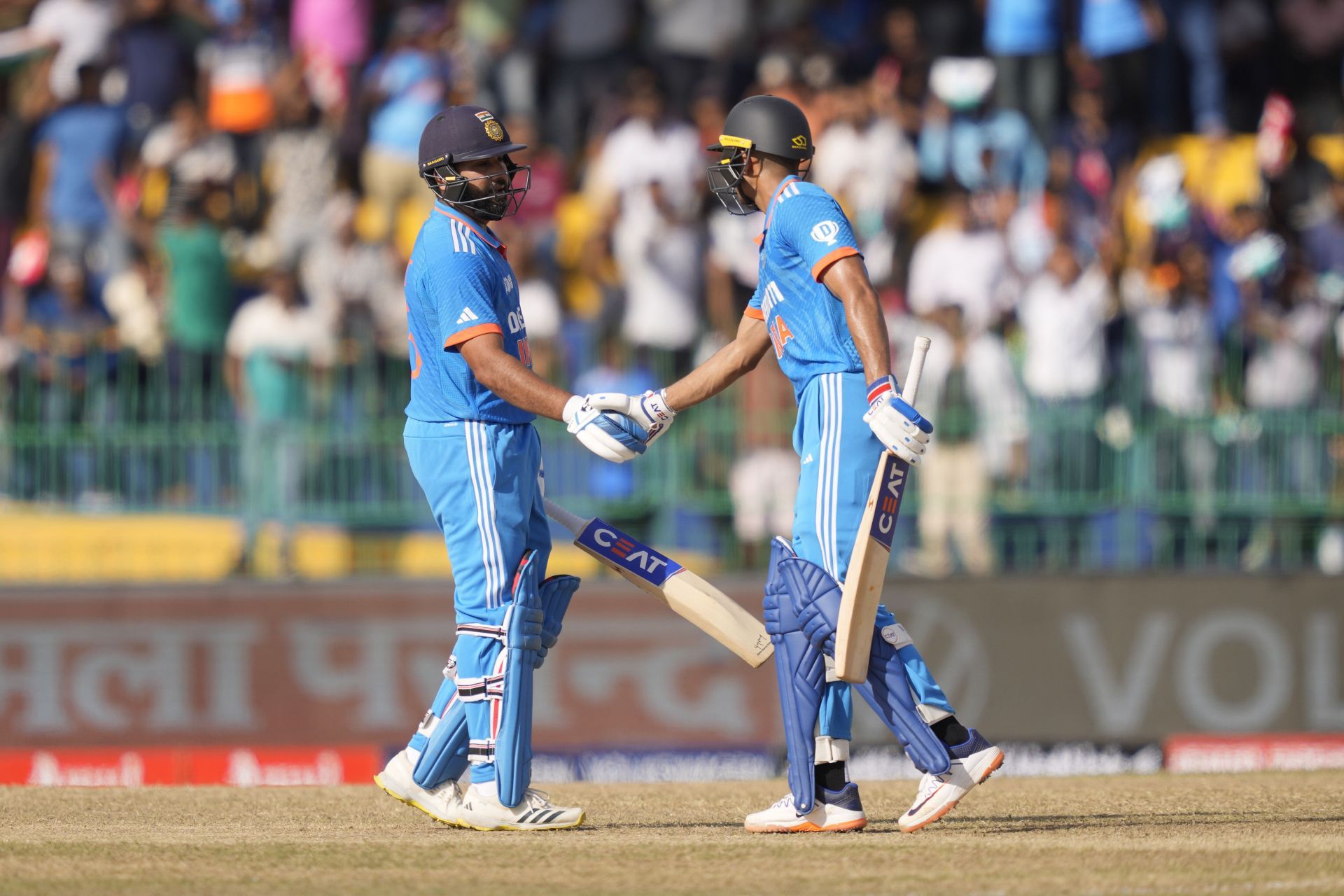 Openers Shubman Gill (right) and captain Rohit Sharma set the tone of the innings on Sunday by featuring in a 121-run stand for the first wicket. Both struck impressive half-centuries. While Rohit scored 56 off 49 balls, Gill hit 58 off 52. (Pic: AP Photo/Eranga Jayawardena)