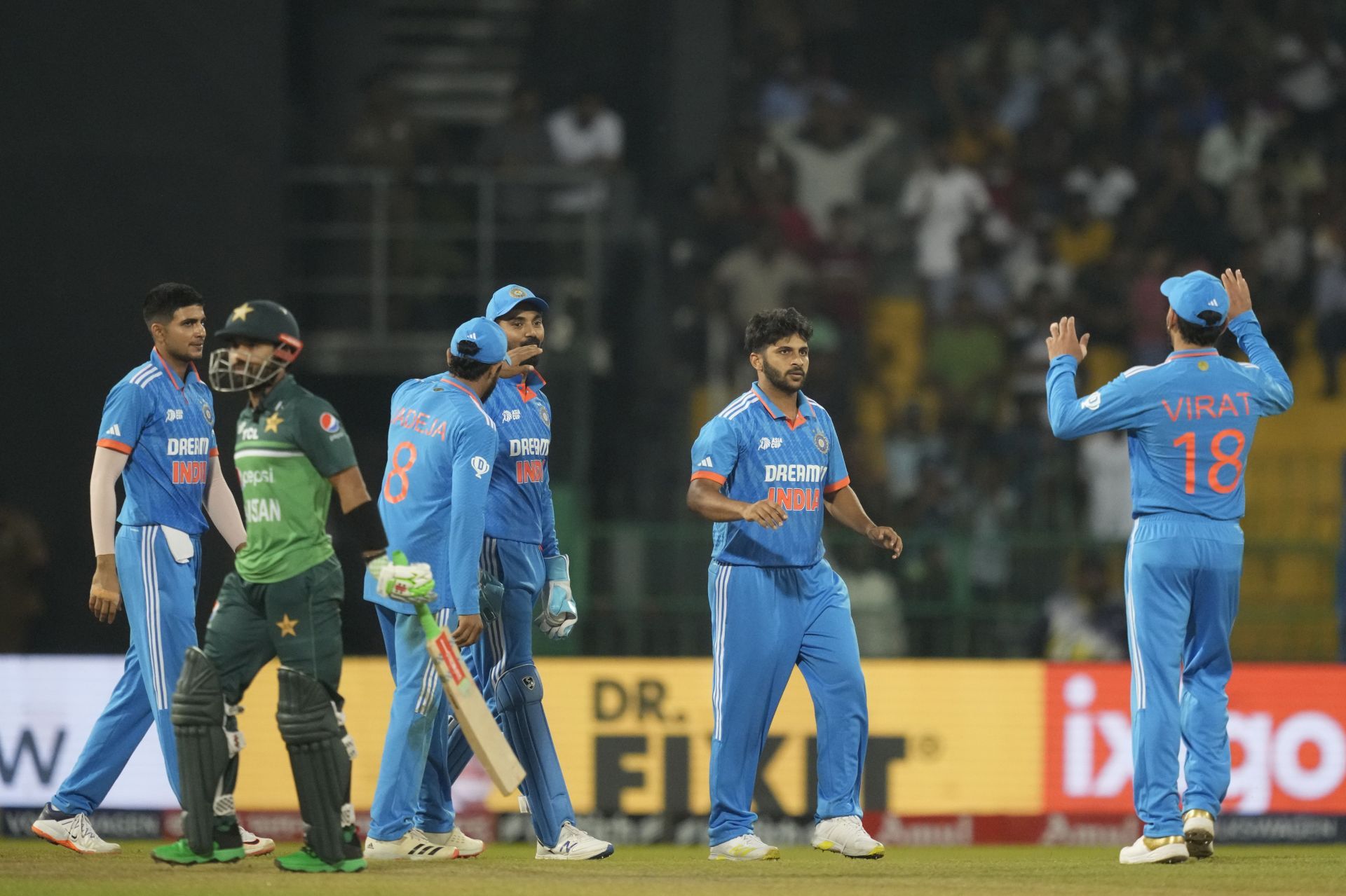 Shardul Thakur also got among the wickets, having Mohammad Rizwan caught behind for 2 with a jaffa. The dismissal left Pakistan in tatters at 47/3 in the 12th over. (Pic: AP Photo/Eranga Jayawardena)