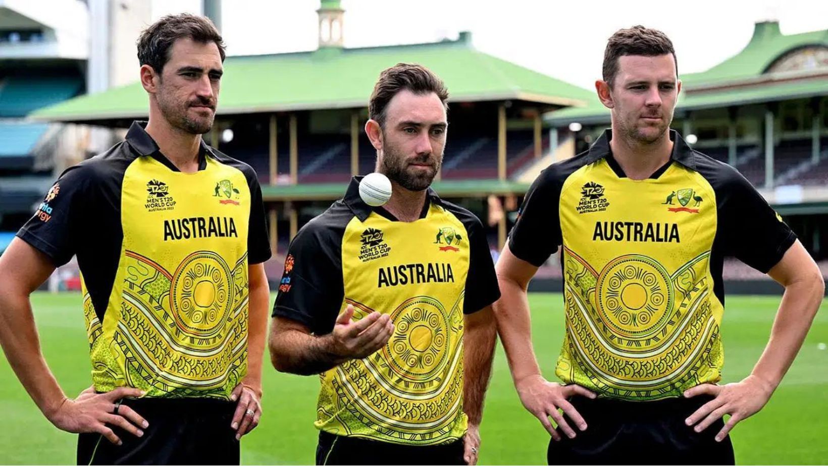 Mitchell Star (L), Glenn Maxwell and Josh Hazlewood.