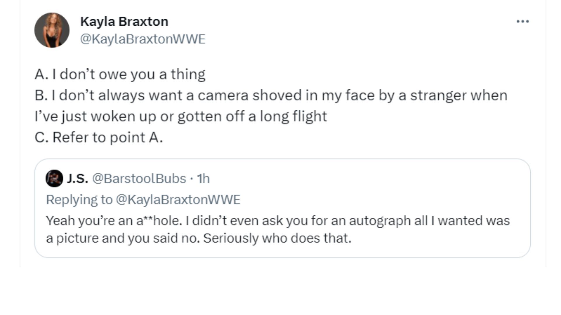 Kayla Braxton&#039;s response to a fan calling her an &#039;a**hole&#039;