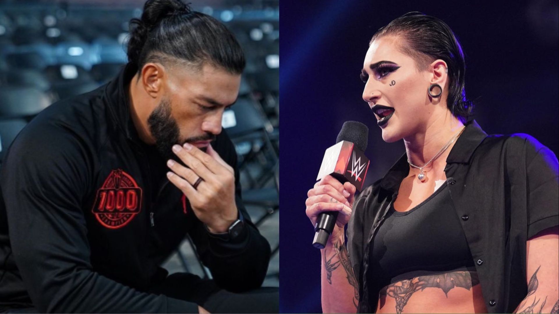 Roman Reigns (left); Rhea Ripley (right)