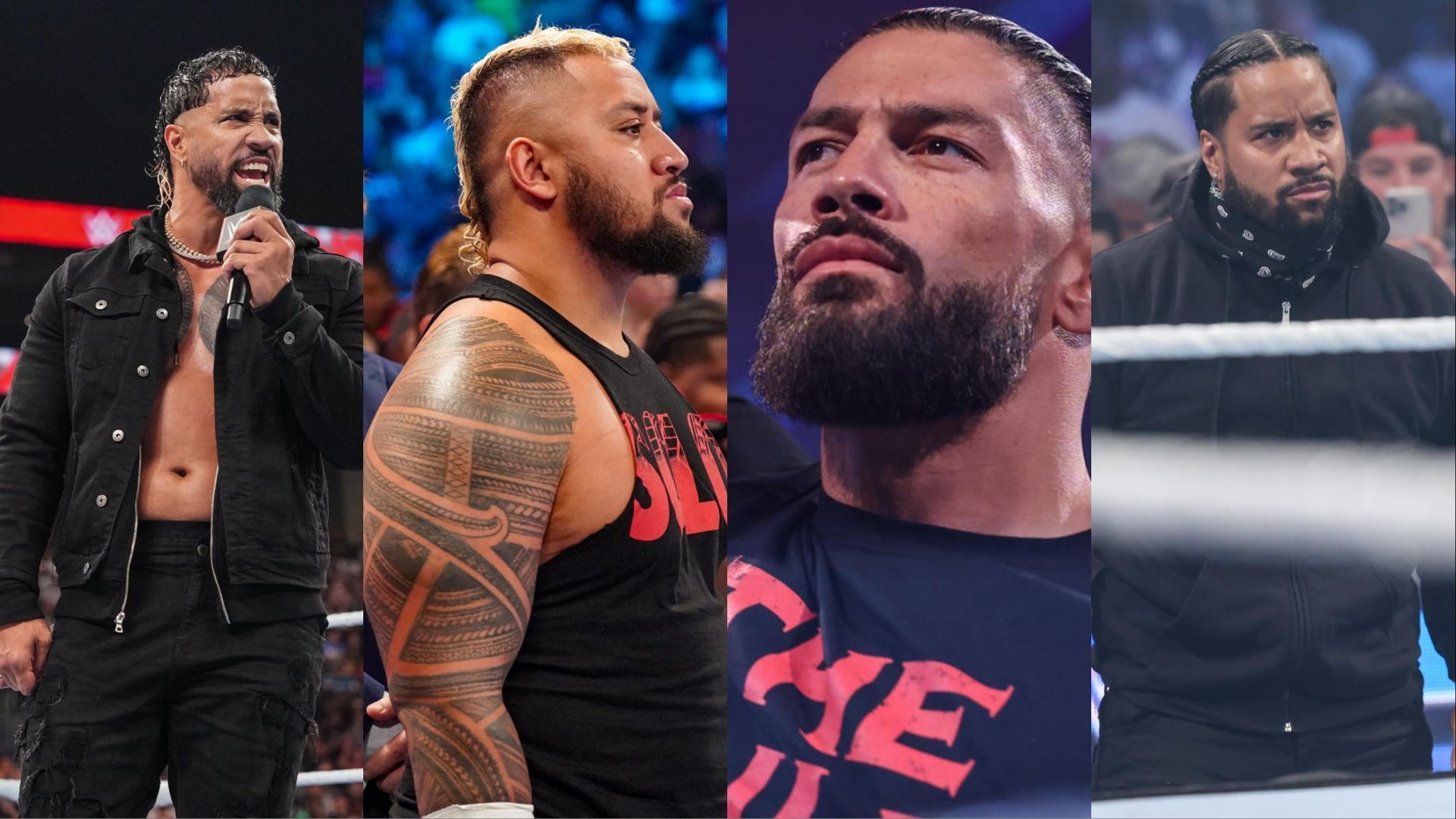 The Bloodline from left to right: Jey Uso, Solo Sikoa, Roman Reigns and Jimmy Uso