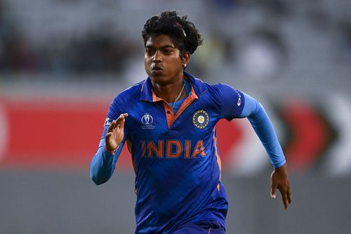 Pooja Vastrakar during India v Australia - 2022 ICC Women's Cricket World Cup.