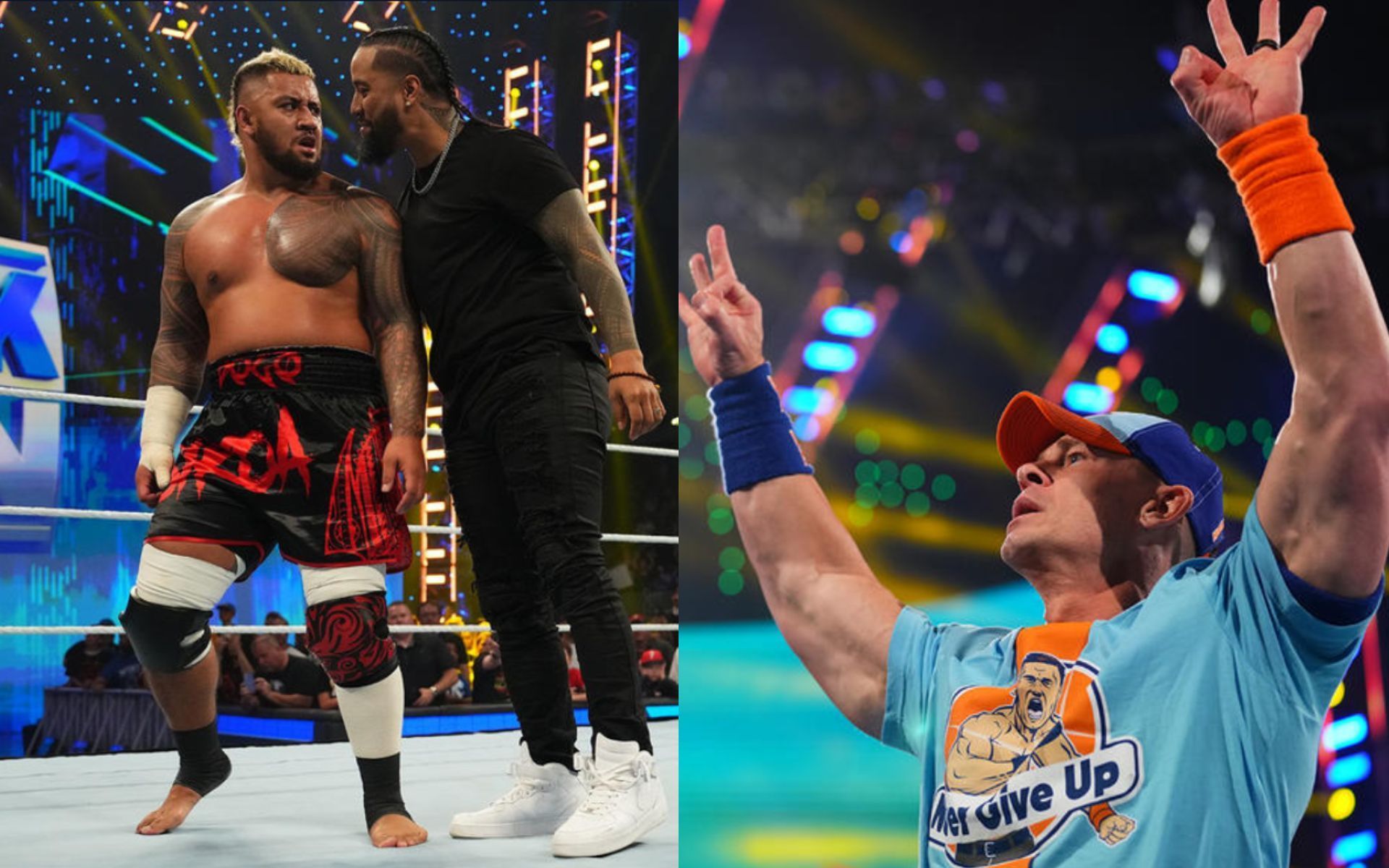 (Left) Jimmy Uso riling up Jey Uso in main event (Left) John Cena returns to SmackDown 