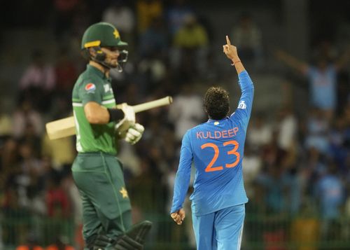 Kuldeep Yadav celebrates the wicket of Faheem Ashraf. (Pic: AP Photo/Eranga Jayawardena)