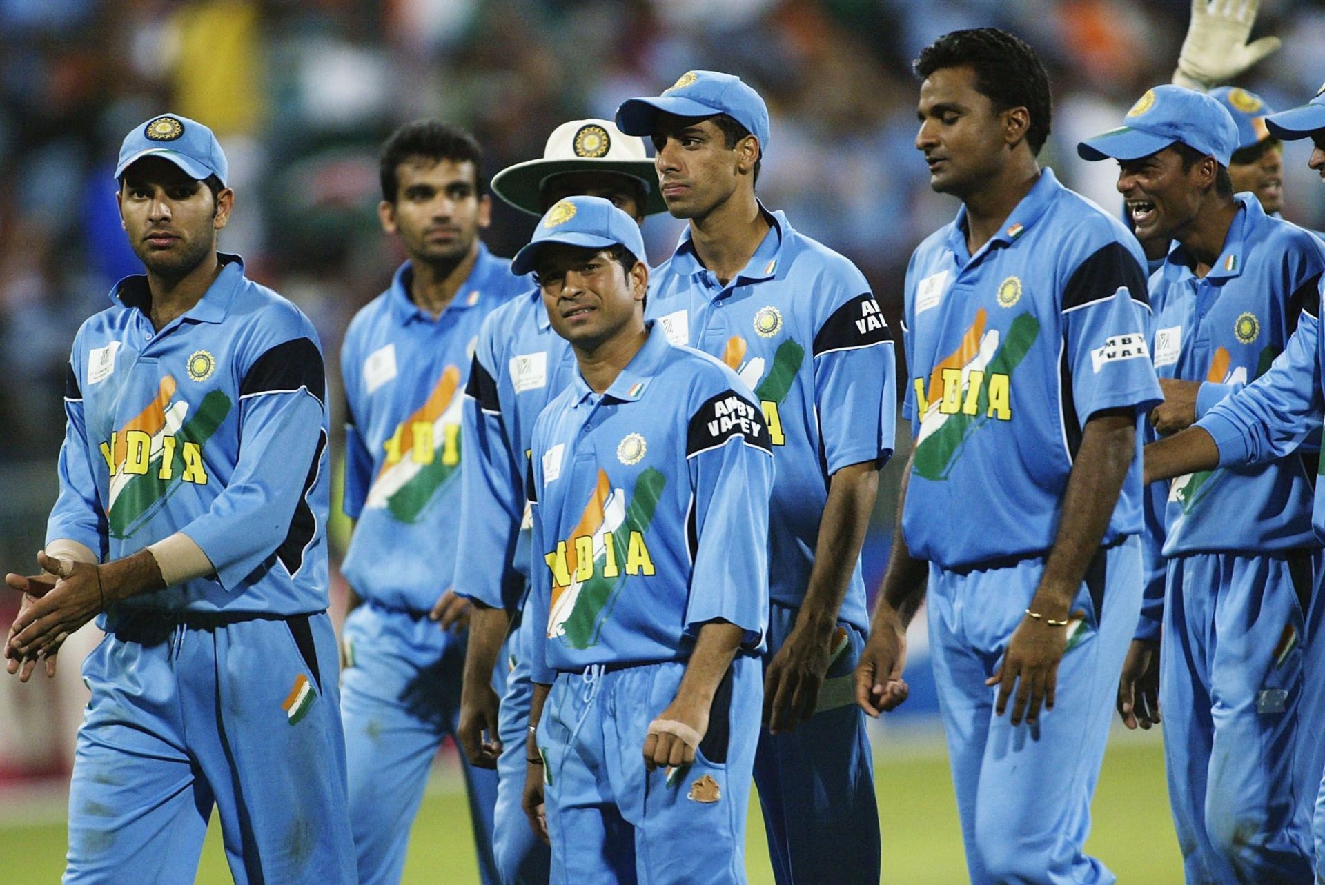 The Indian team led by Sachin Tendulkar (center) celebrate a win in the 2003 World Cup.