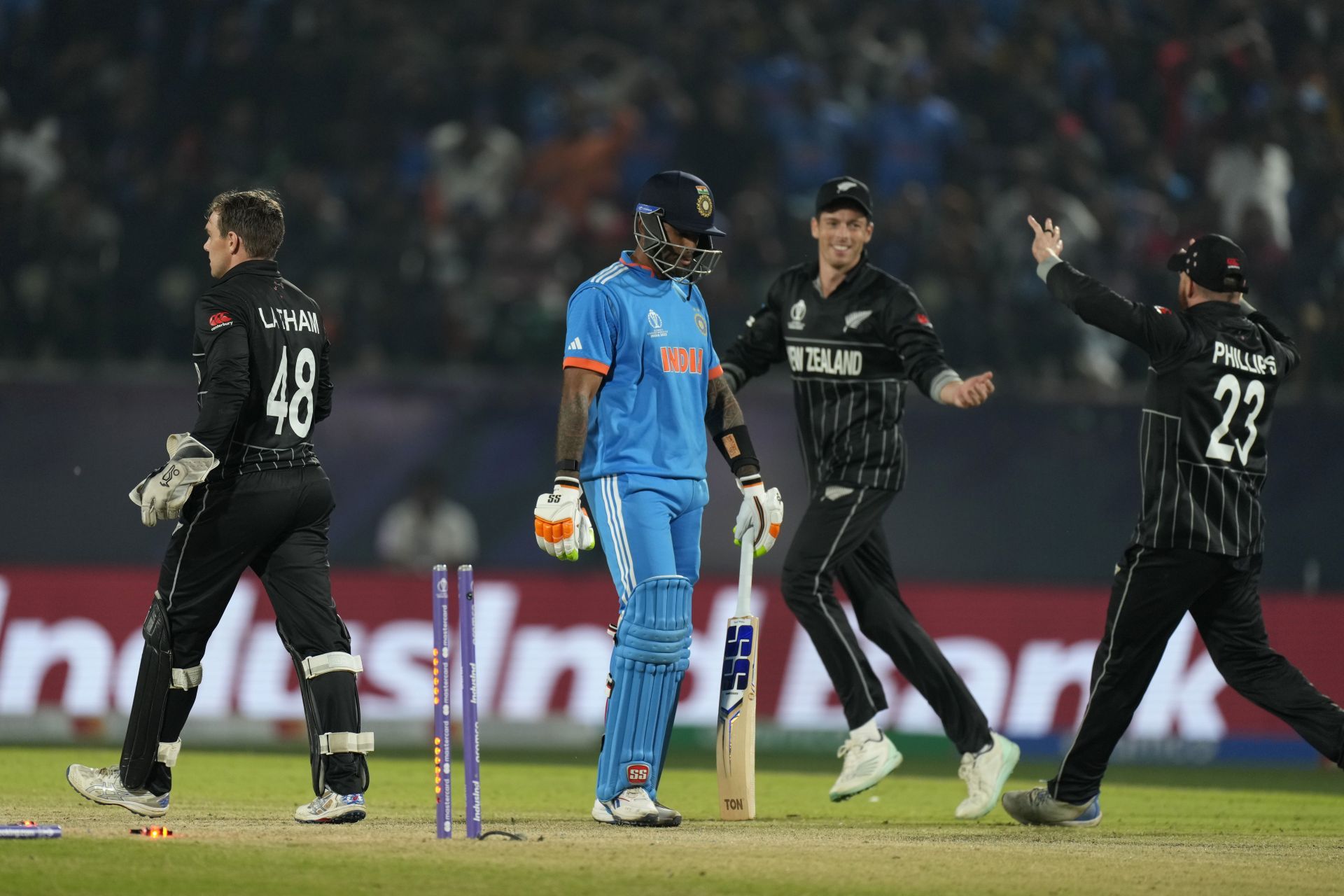 New Zealand players celebrate the wicket of India&#039;s Suryakumar Yadav. (Pic: AP)