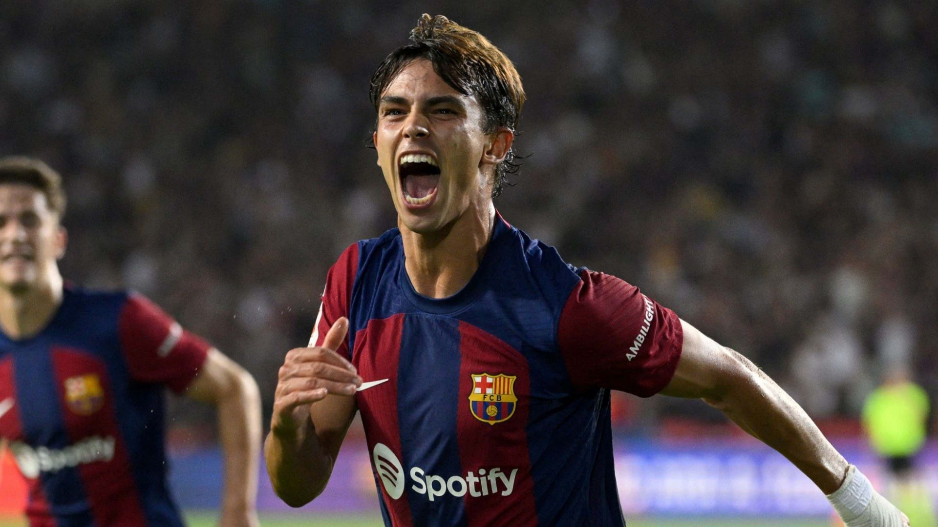Joao Felix celebrating a goal for Barcelona.