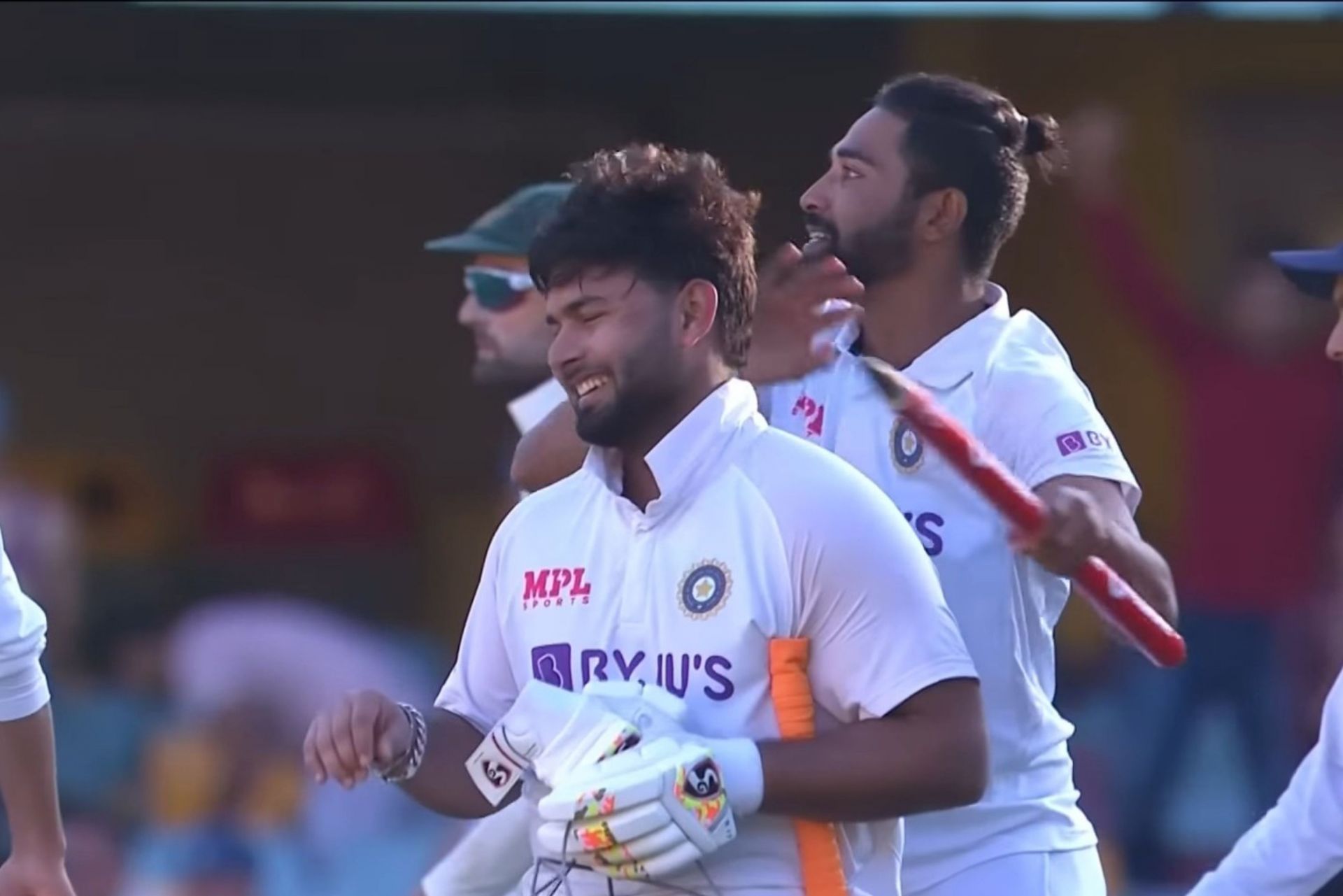 Rishabh Pant celebrating with teammates after the win against Australia at the Gabba. 