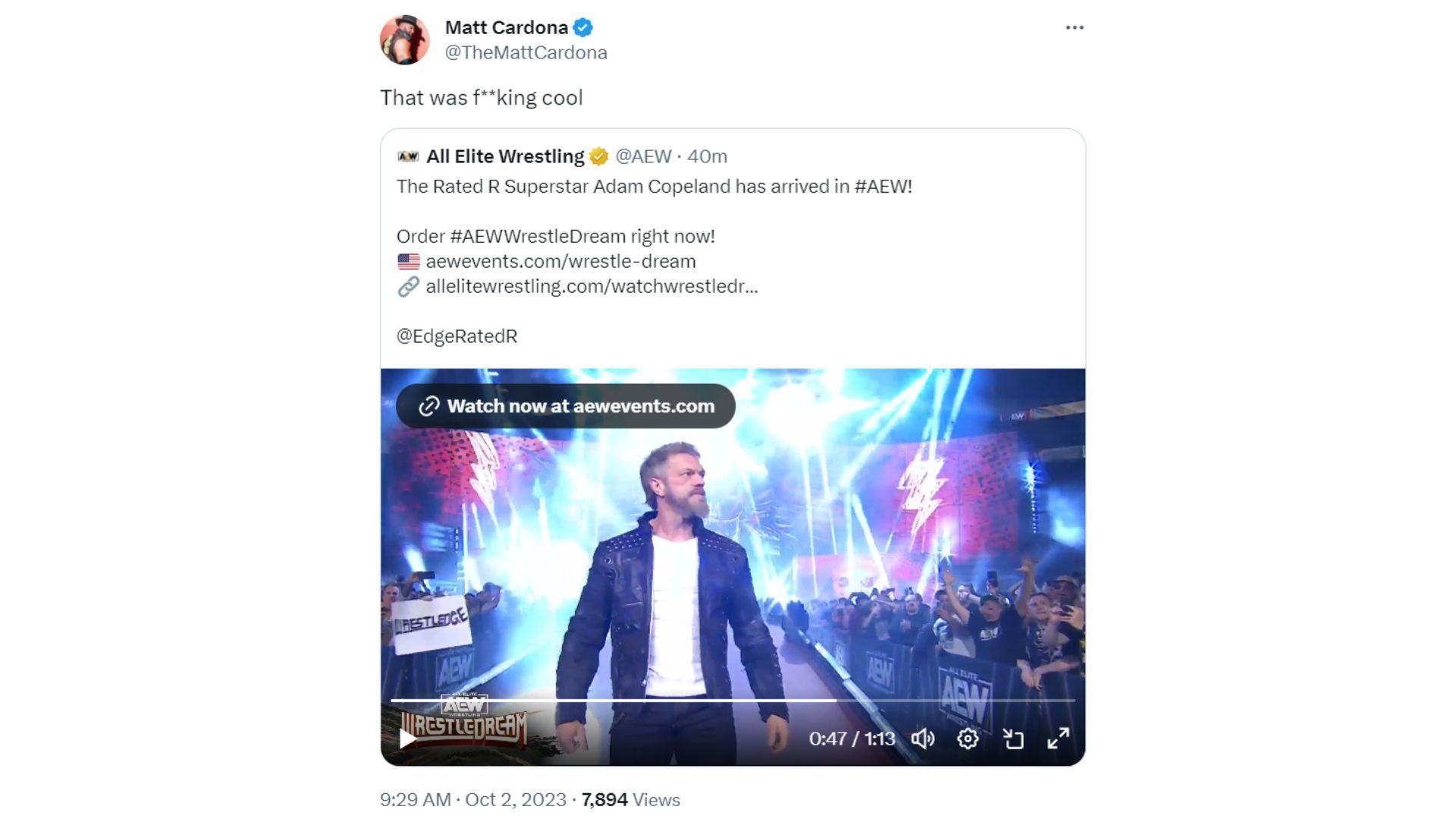 Matt Cardona&#039;s reaction to Edge&#039;s AEW debut