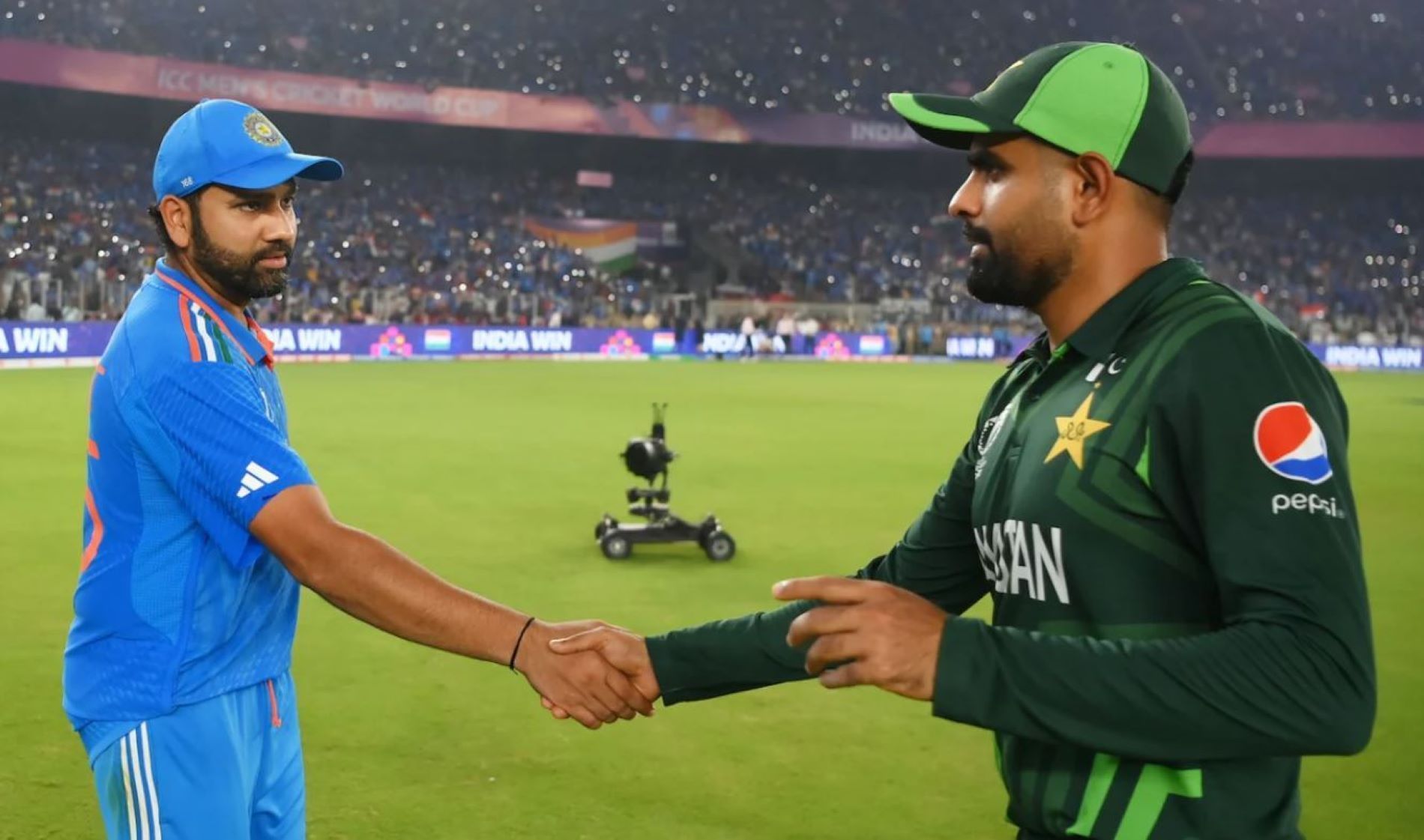 Rohit Sharma and Babar Azam shake hands after India completed another comfortable win.