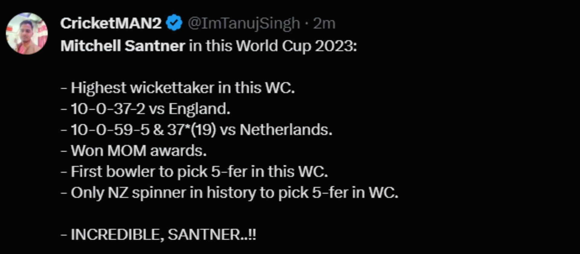 A fan reacts after Santner's match-winning performance against the Netherlands team.