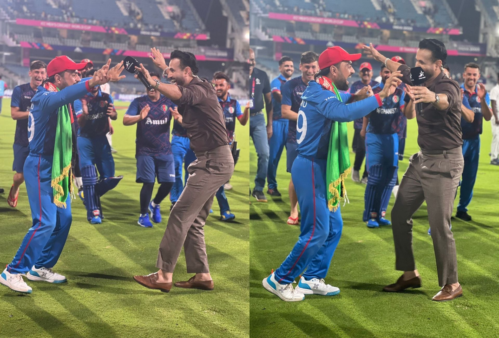 Irfan Pathan and Rashid Khan dancing after the match on Monday. 