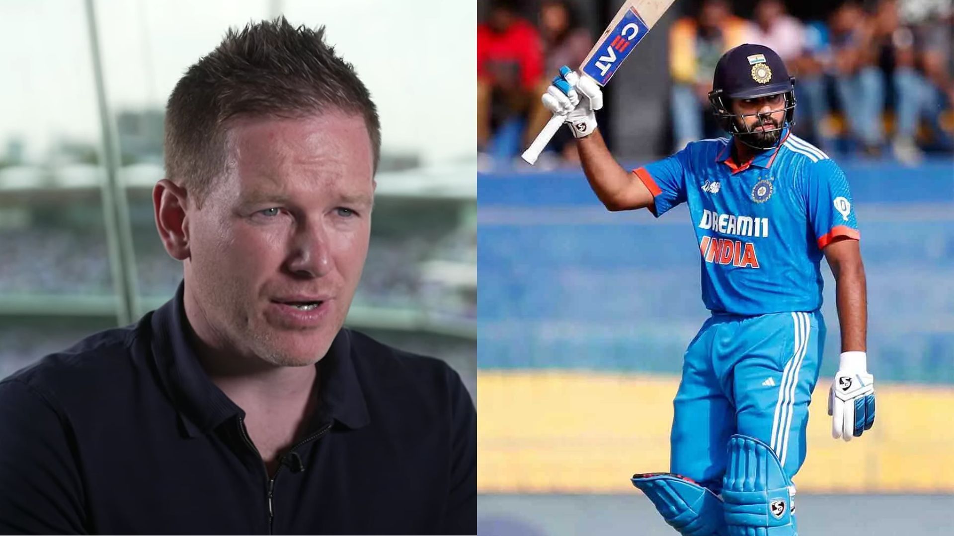 Eoin Morgan (L) &amp; Rohit Sharma (P.C.:Sky Sports &amp; X)